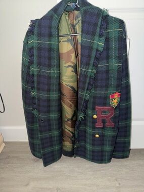 Green & Navy Plaid Fringed Blazer with Red Patch